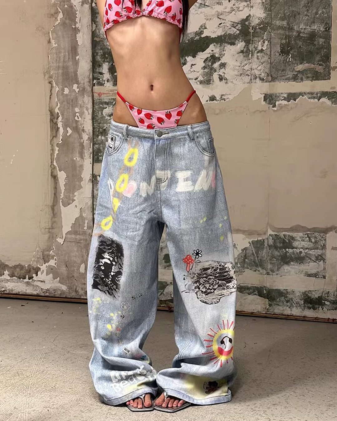 STREET GRAFFITI WASHED DENIM JEANS