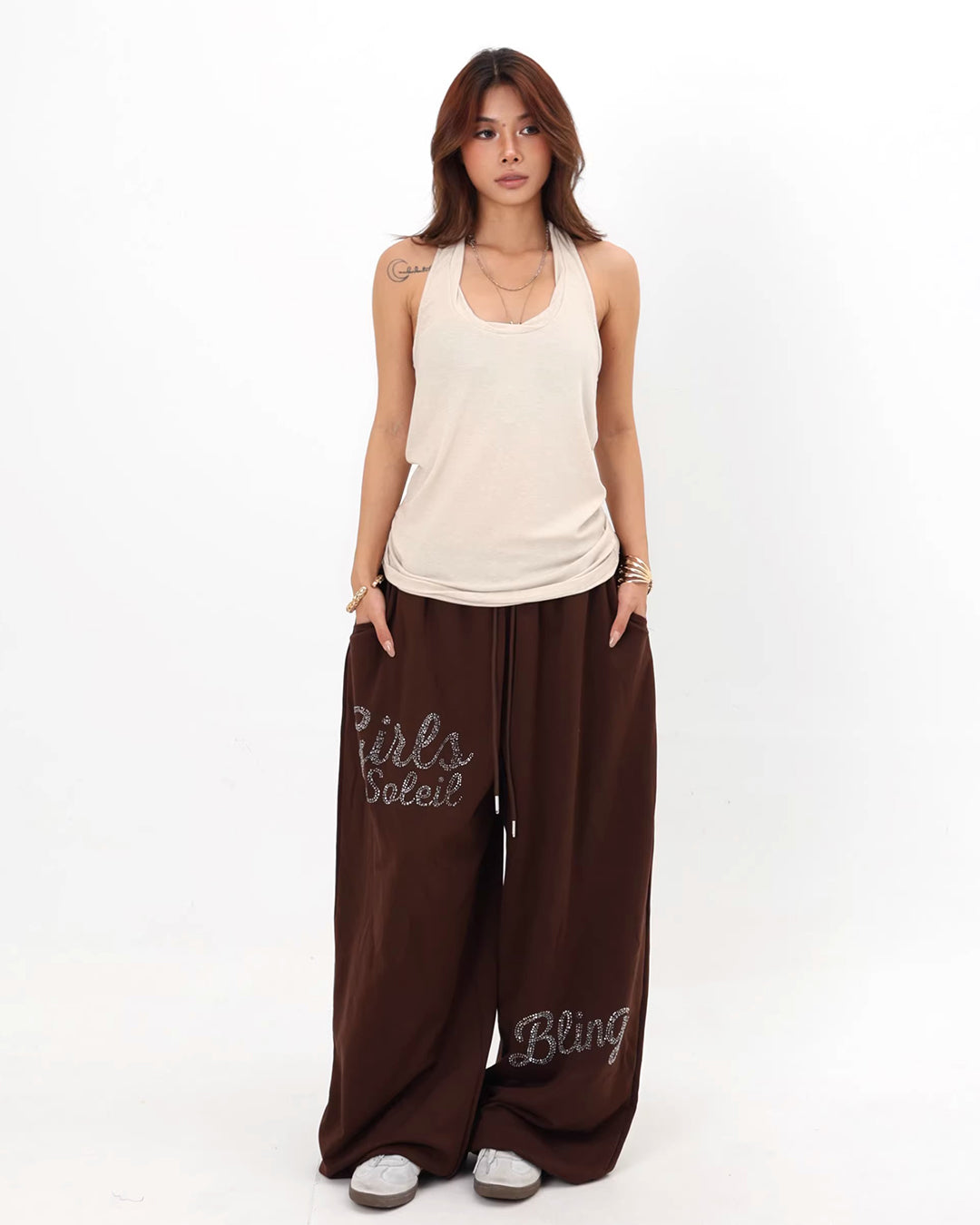 RHINESTONE BAGGY SWEATPANTS - BROWN
