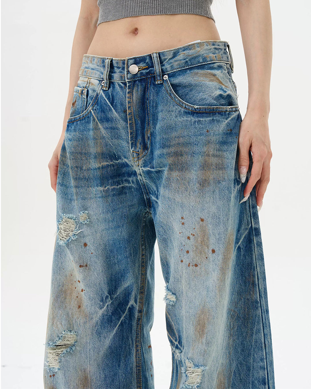 RETRO RIPPED WHISKER WASHED JEANS - BLUE
