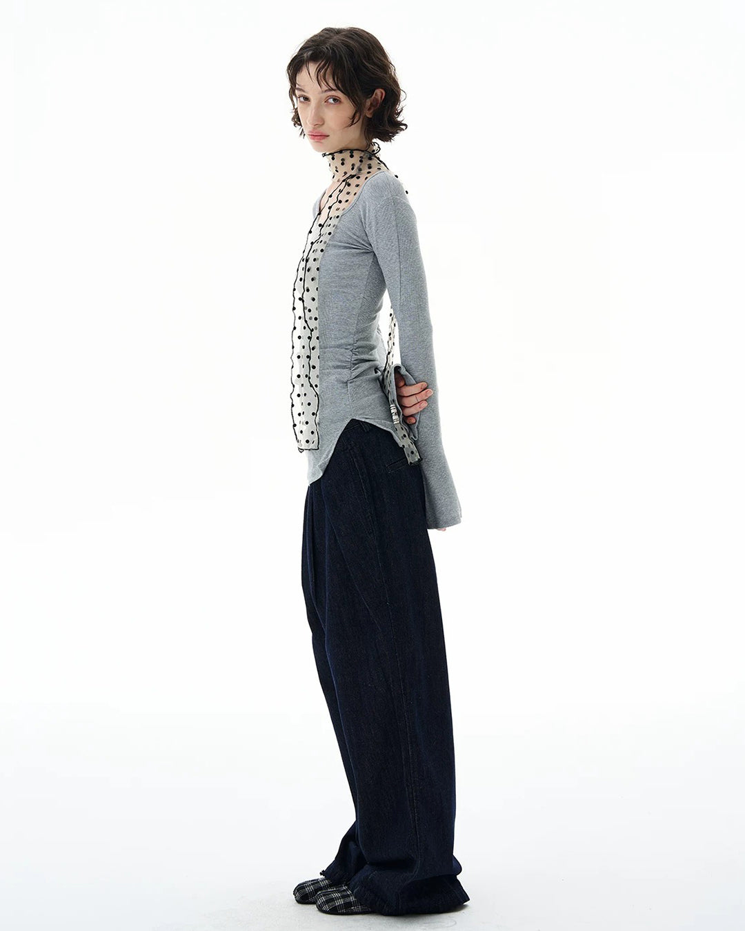 SLIM FIT FLARE SLEEVE KNIT TOPS - GREY