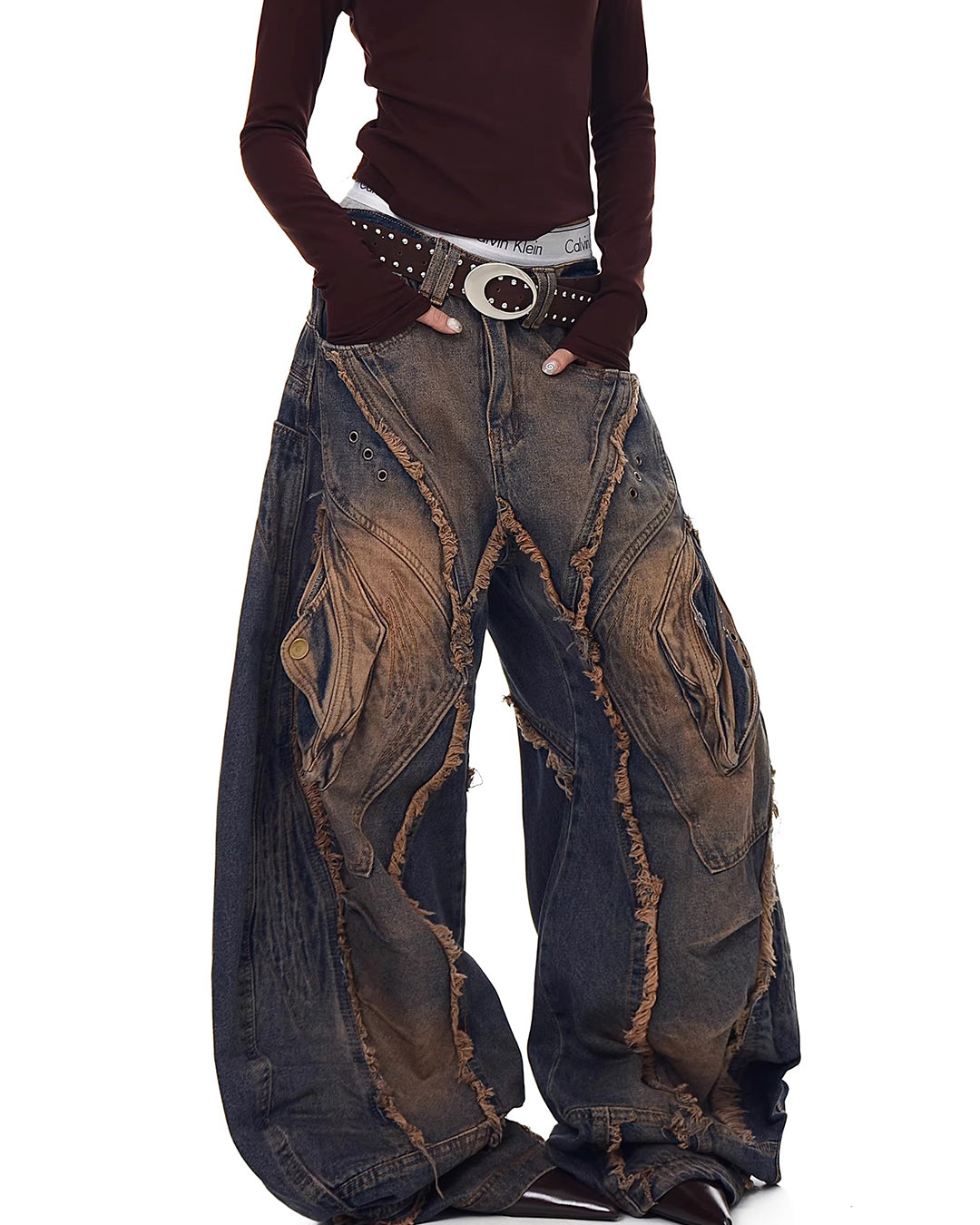 DECONSTRUCTED RAW EDGE BARREL LEG JEANS - BLUE