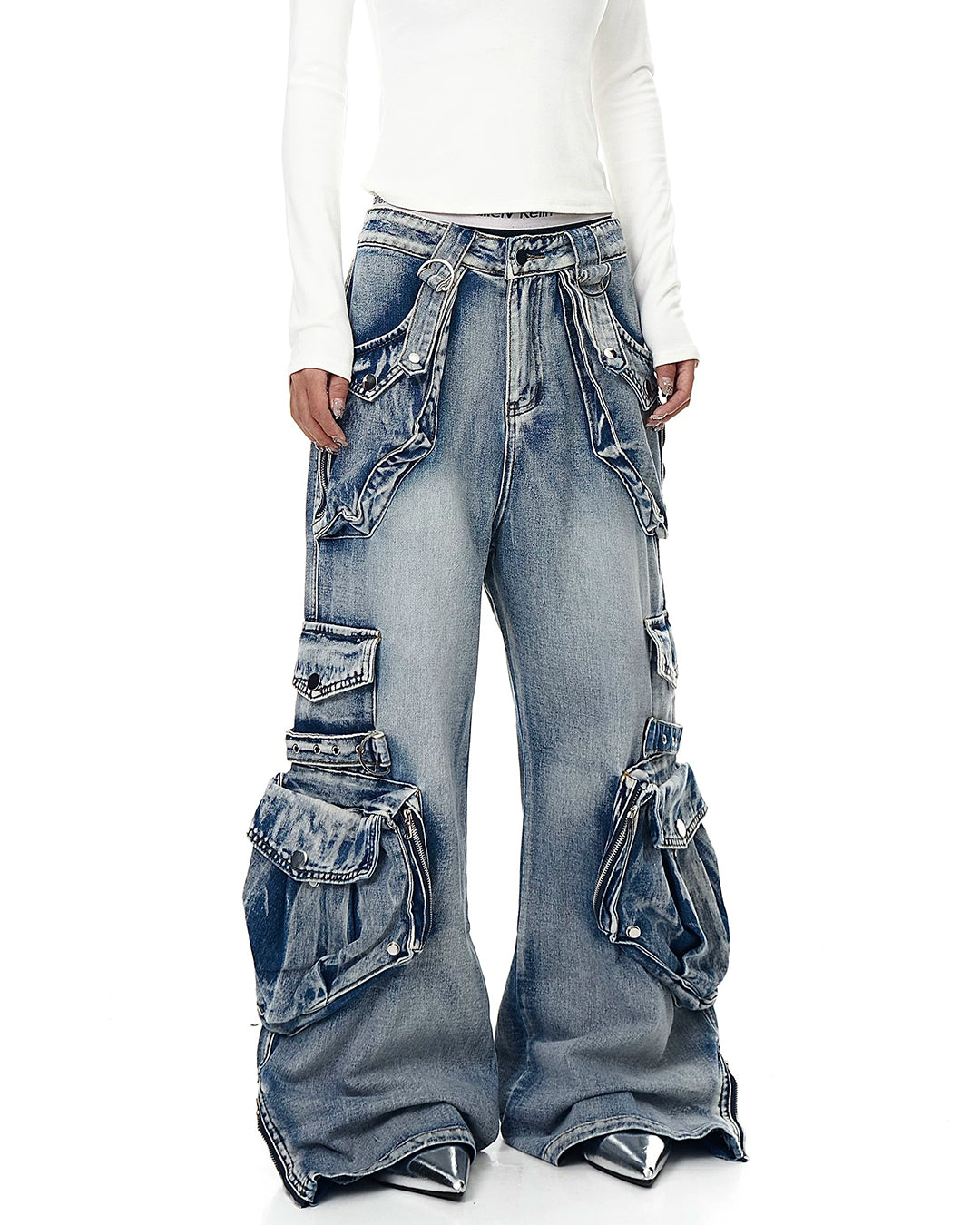 HEAVY WASH MULTI-POCKET CARGO DENIM PANTS - BLUE
