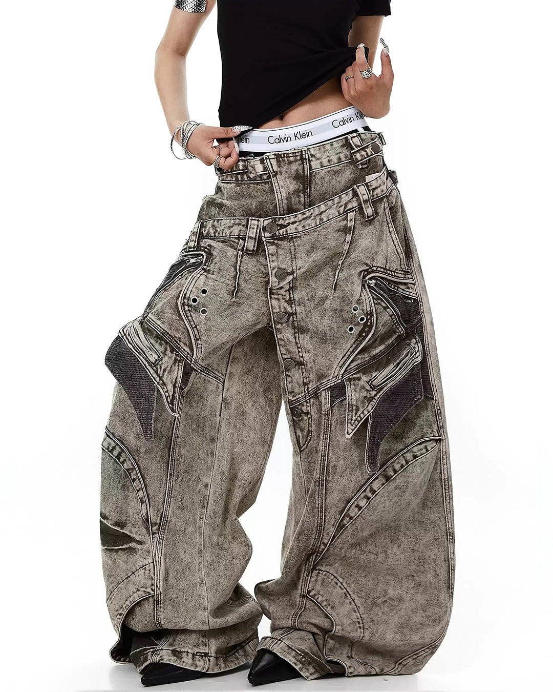 LAYERED WAISTBAND GRUNGE WASH BARREL LEG JEANS - KHAKI