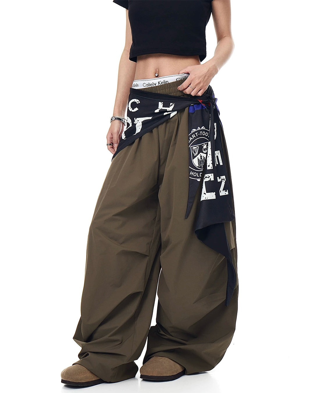 STACKED BACK FLAP CURVED WIDE LEG PANTS - OLIVE