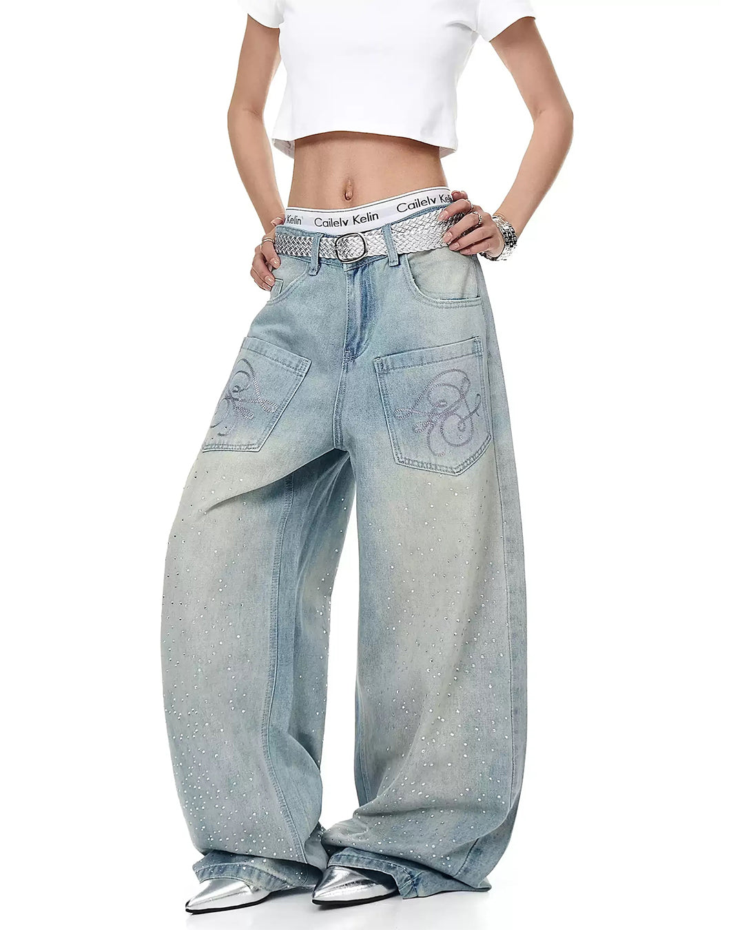 REVERSED POCKET FULL RHINESTONE JEANS - BLUE