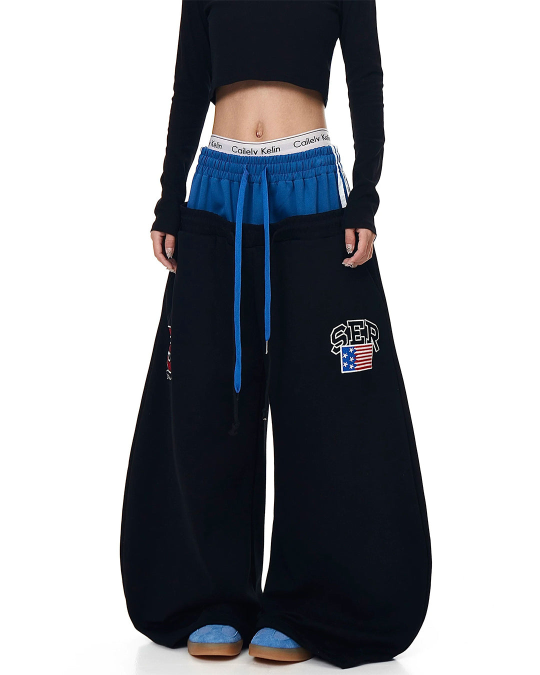 LAYERED WAIST LETTER GRAPHIC BARREL LEG JOGGERS - BLUE &amp; BLACK
