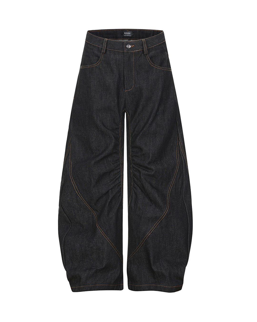 CONTRAST EMBROIDERY PLEATED BARREL LEG JEANS - BLACK