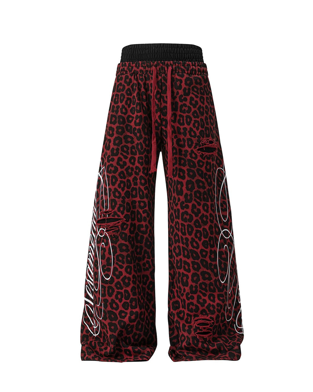 DAMAGE FLOW LEOPARD DOUBLE WAIST WIDE LEG PANTS - RED