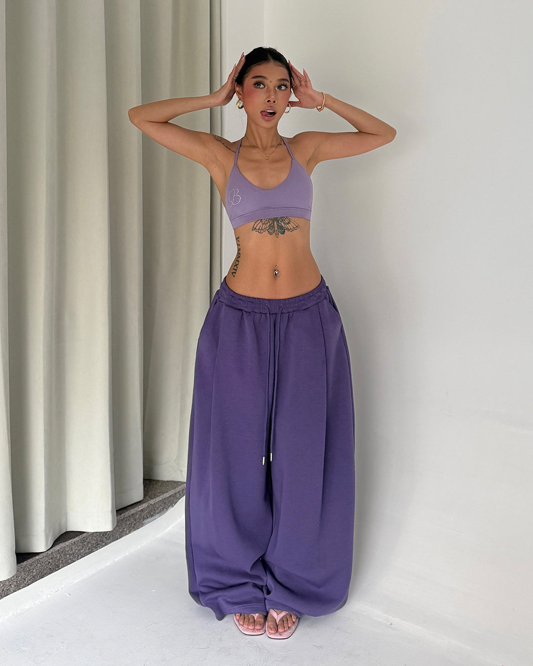 LOGO EMBROIDERY WIDE-LEG SWEATPANTS - PURPLE