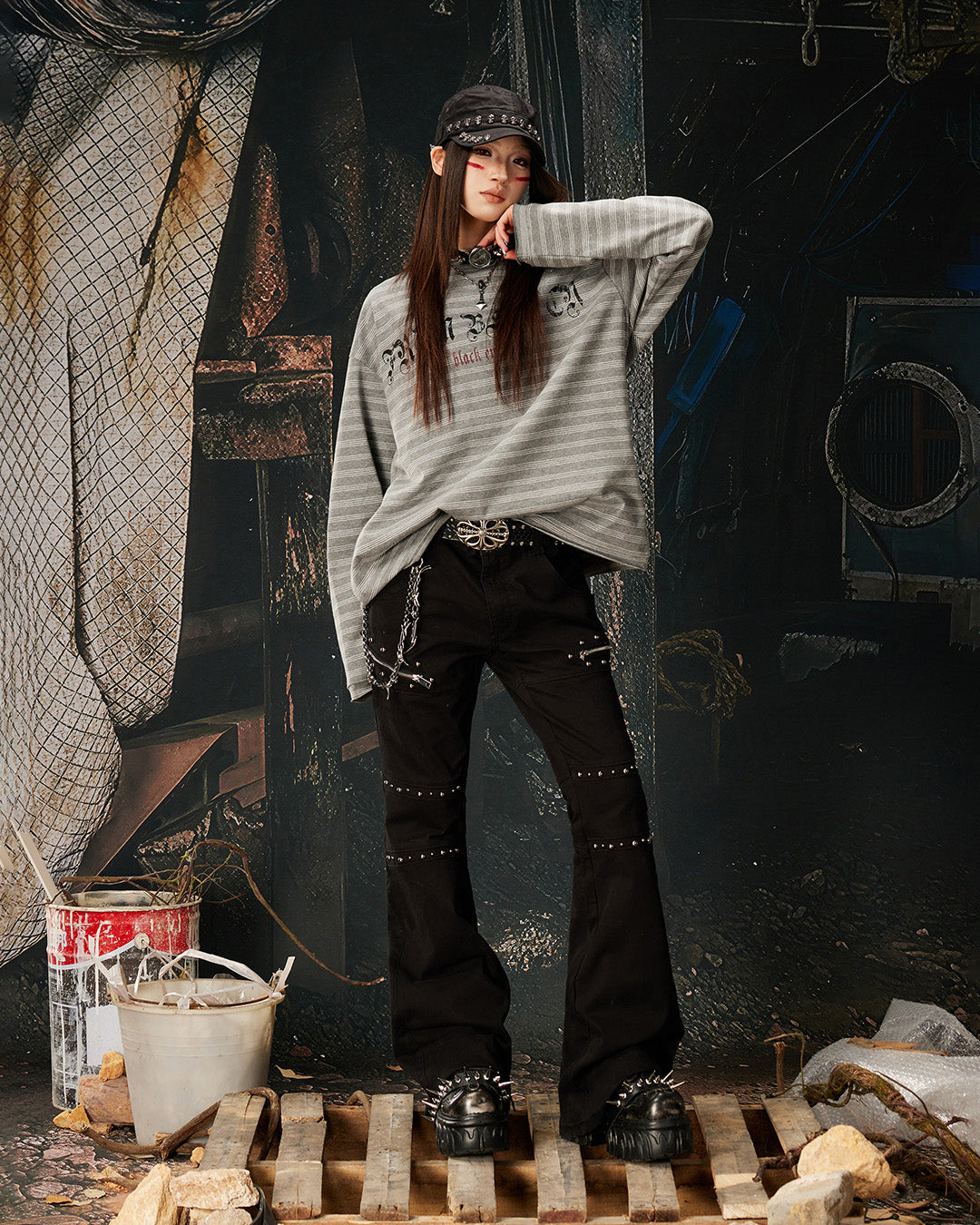 DARK PUNK STUDDED SLIGHT FLARE CASUAL PANTS - BLACK