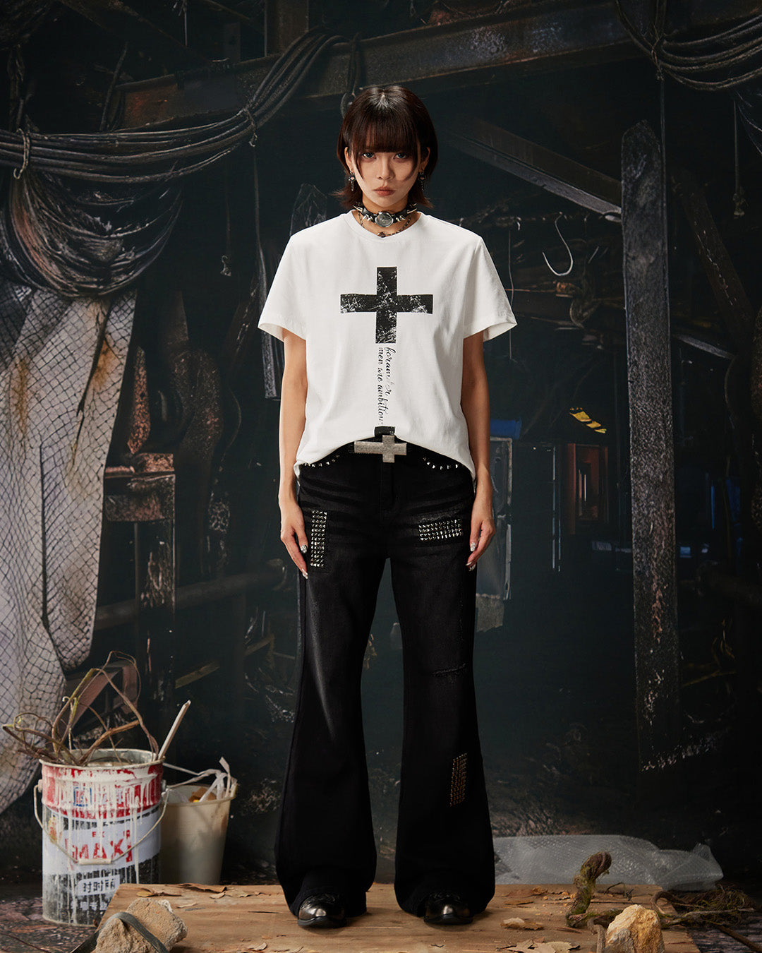GOTHIC STUD DETAIL RIPPED SLIGHT FLARE JEANS - BLACK