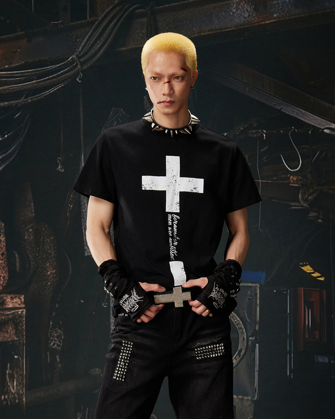 CROSS PRINT COTTON T-SHIRTS - BLACK