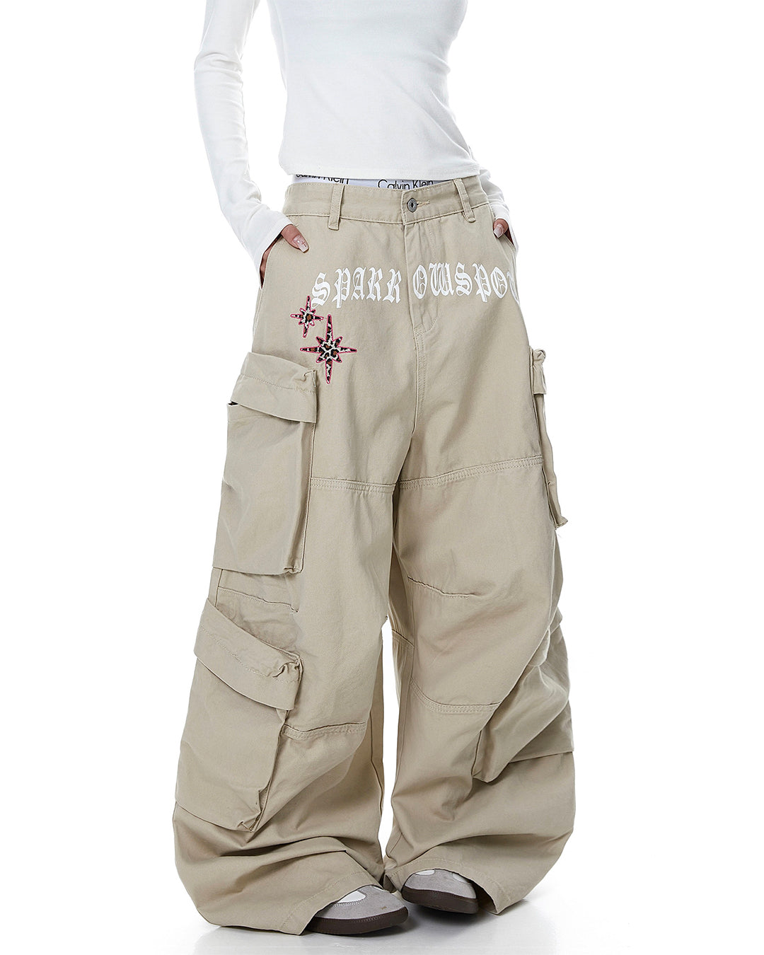 LETTER GRAPHIC MULTI-POCKET CARGO PANTS - KHAKI