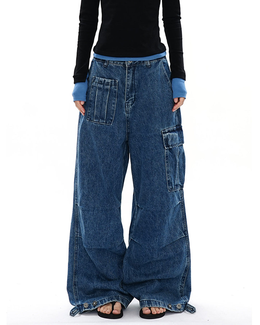 MULTI-POCKET CARGO DENIM JEANS - BLUE