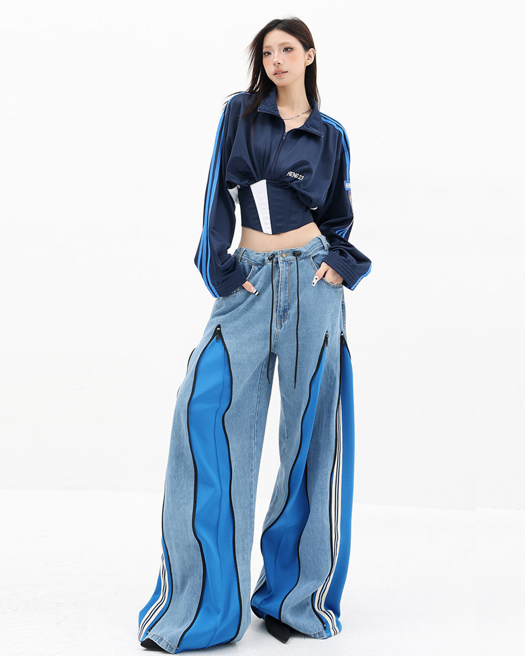 CONTRAST SPLICE ZIP DETAIL DENIM JEANS - BLUE