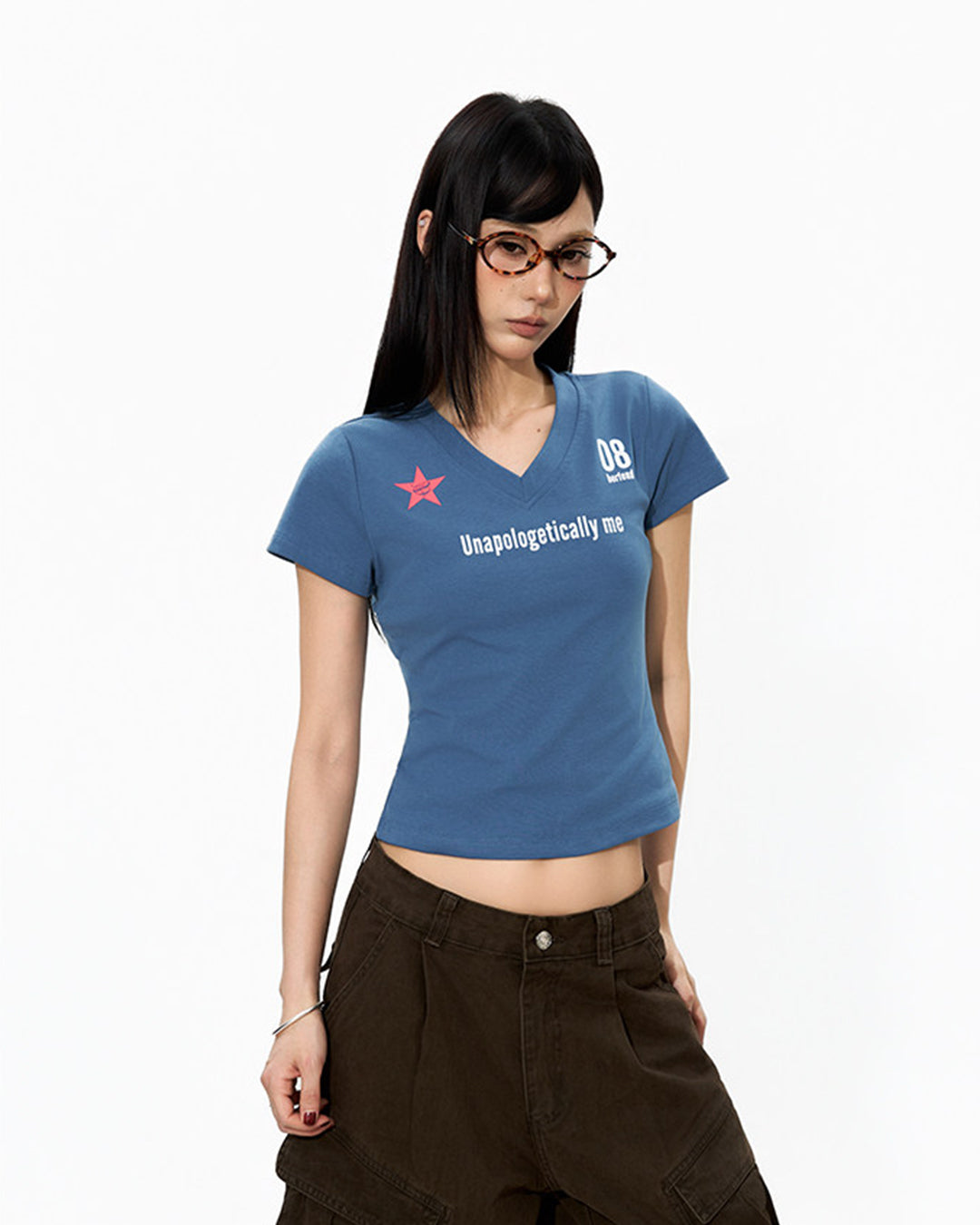 LETTER PRINT V-NECK JERSEY T-SHIRTS - BLUE