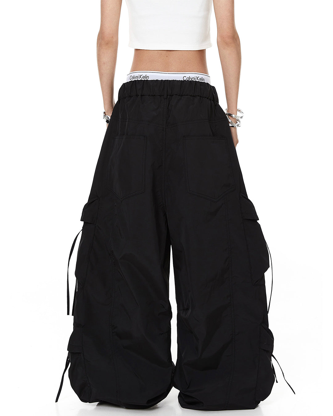 LEOPARD LETTER EMBROIDERY PARACHUTE PANTS - BLACK