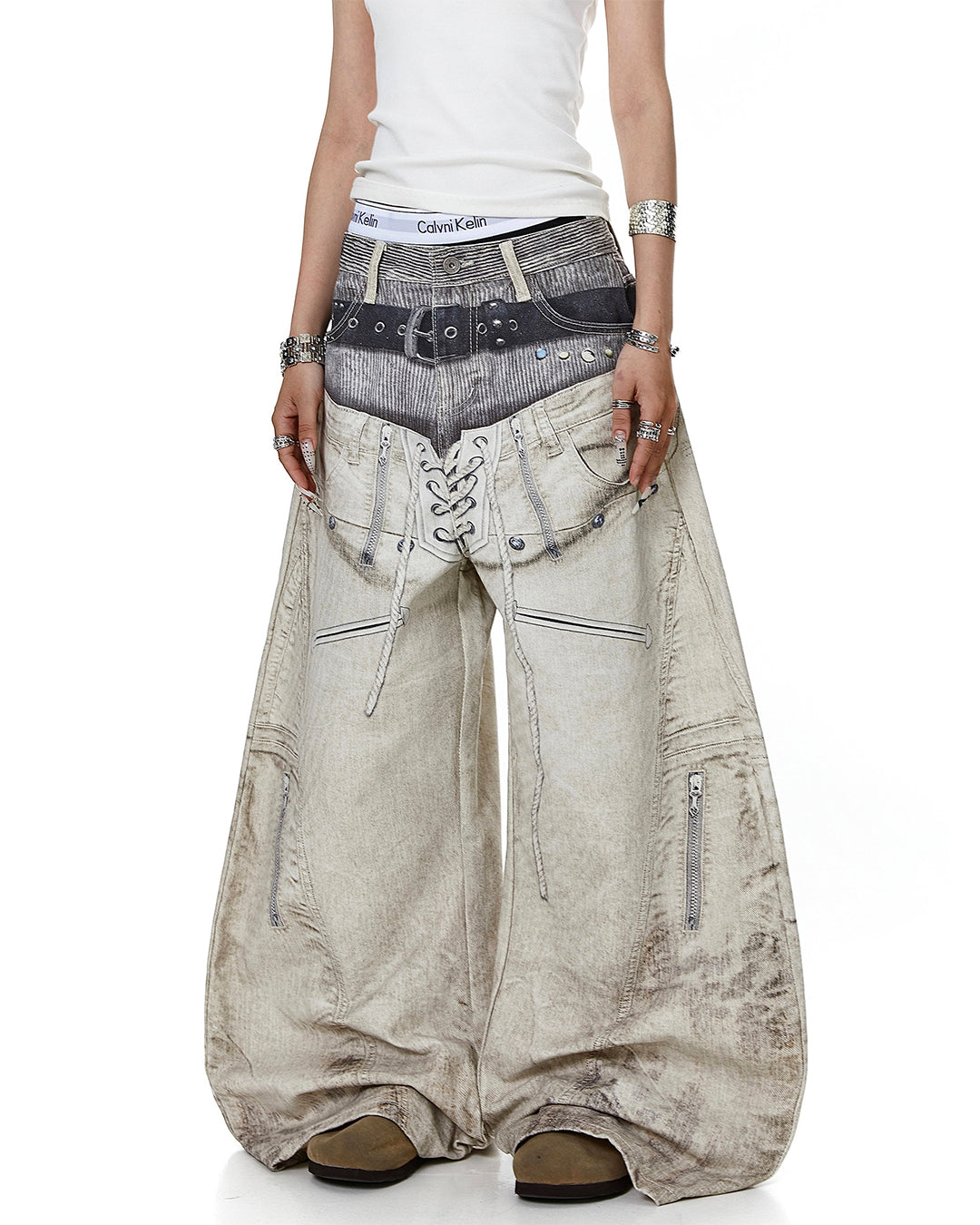 3D PRINT DOUBLE WAIST CURVED JEANS - GREY
