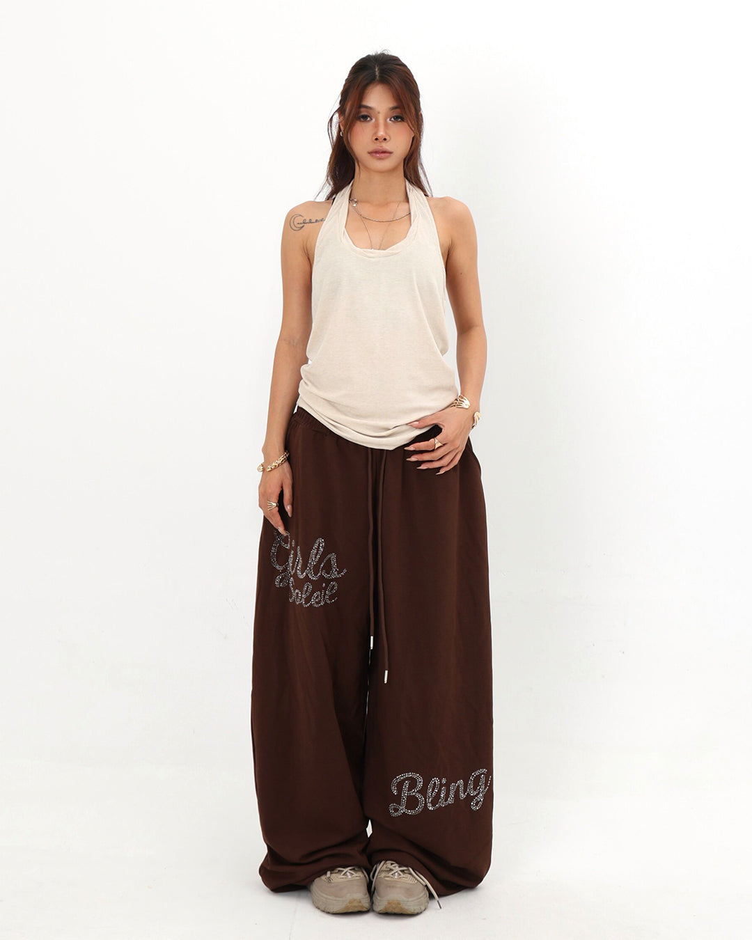 WATER FLOW LOGO RHINESTONE JAZZ PANTS - BROWN