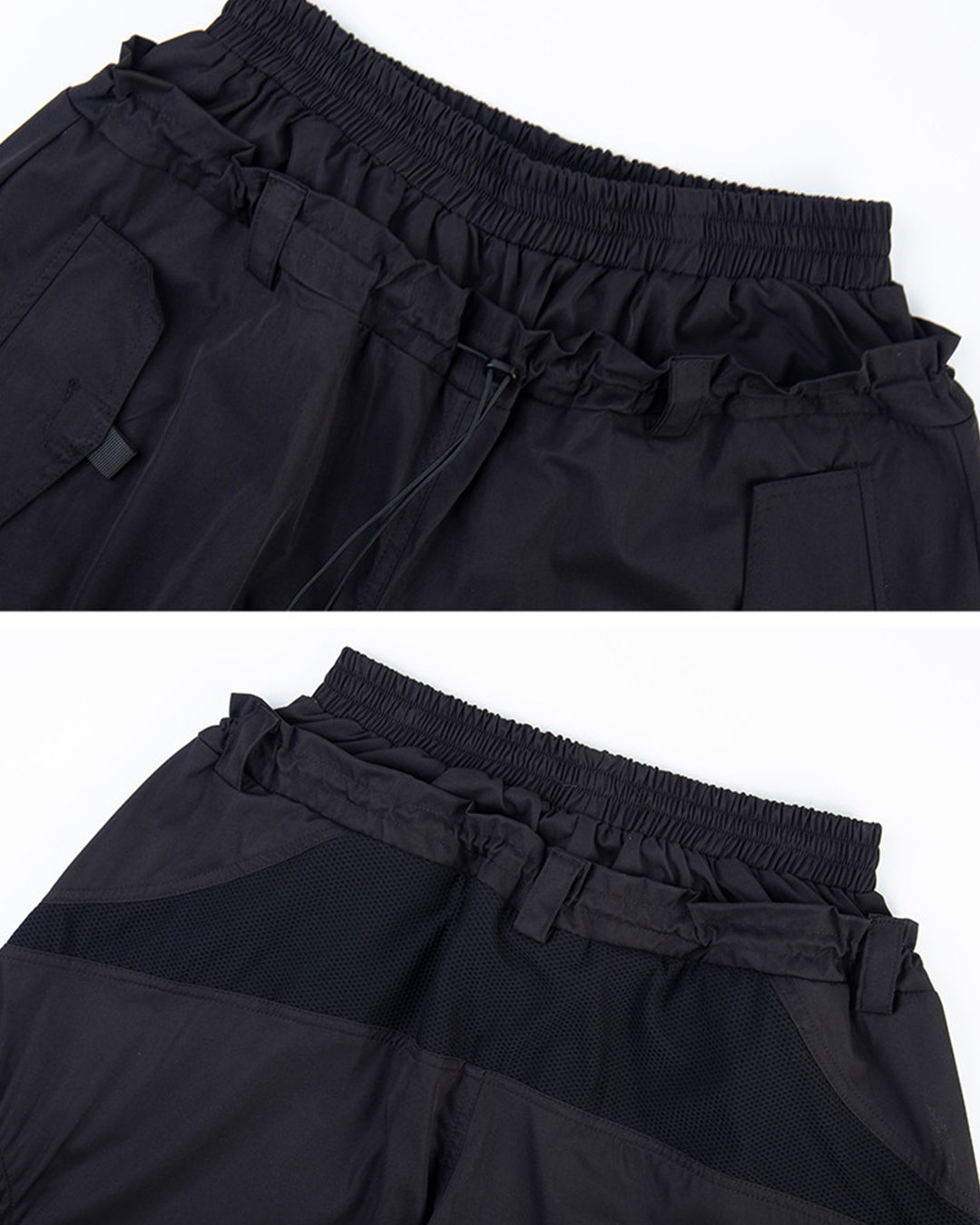 RACING INSPIRED DOUBLE WAIST MESH PANEL PANTS - BLACK