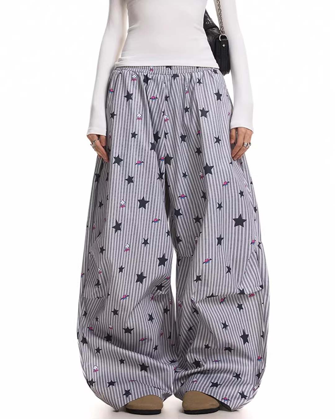 STAR ALL-OVER PRINT STRIPED CASUAL PANTS - GREY
