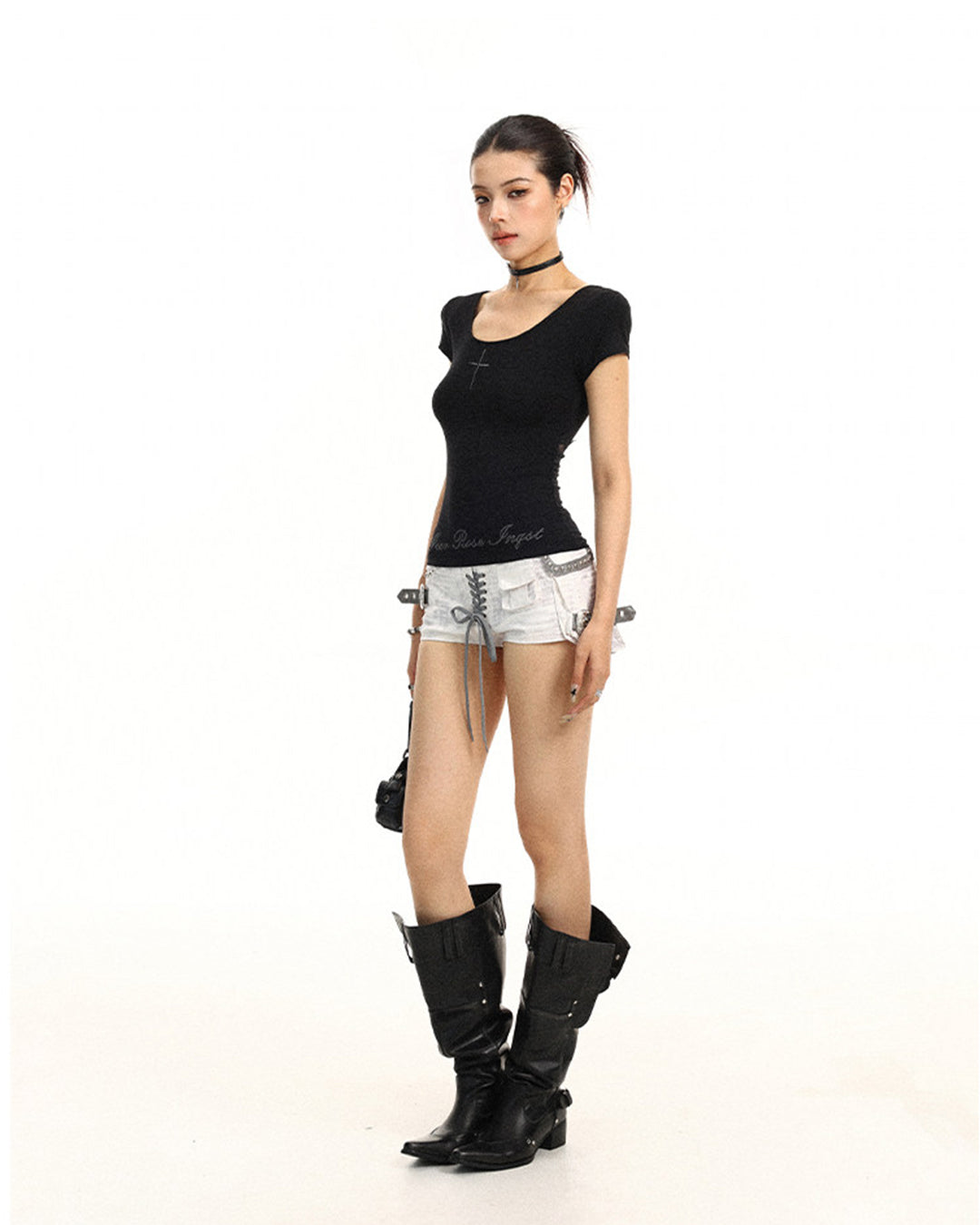 LACE CUT-OUT OPEN BACK T-SHIRTS - BLACK