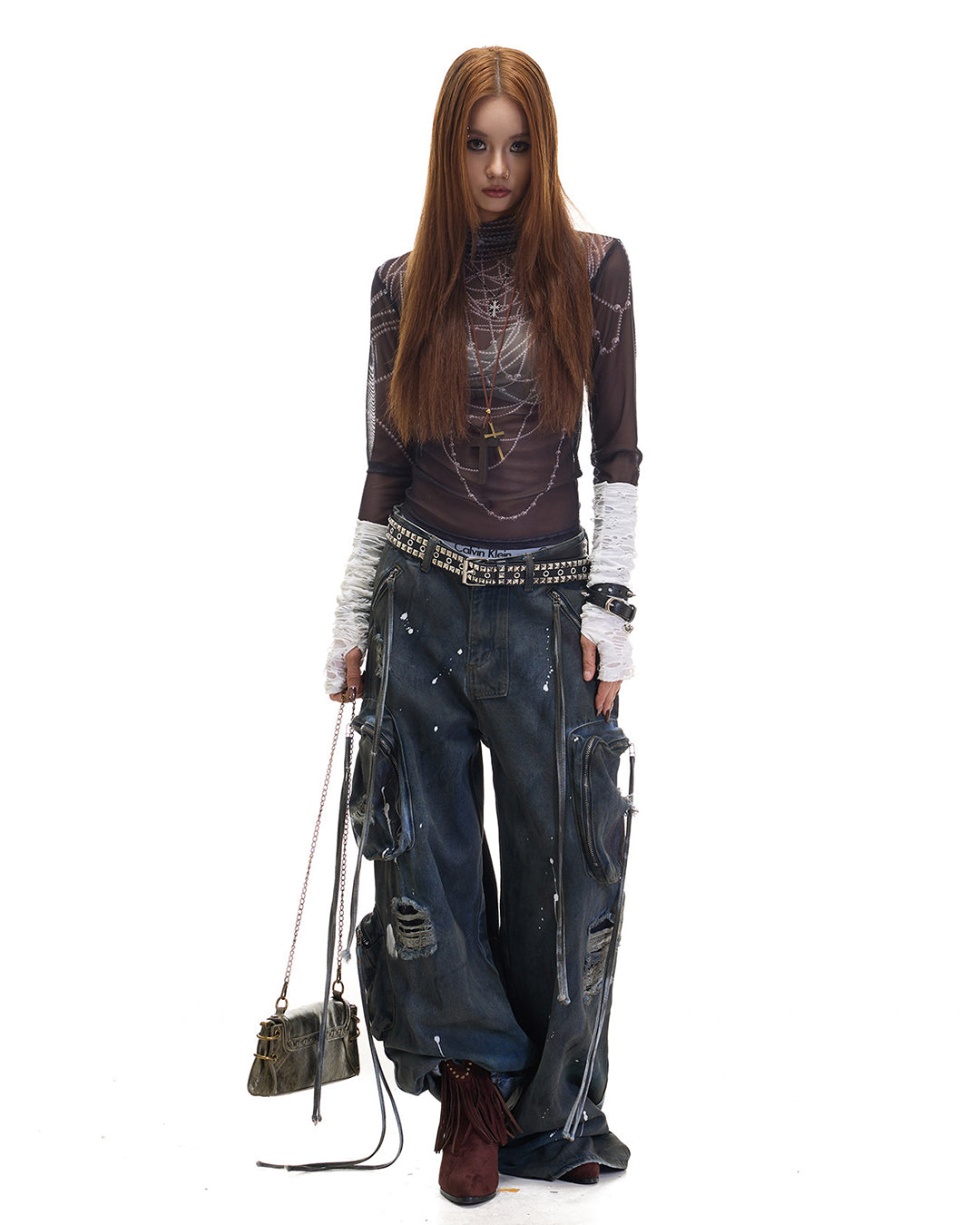 SPLATTER GRAFFITI RIPPED CARGO JEANS - BLUE