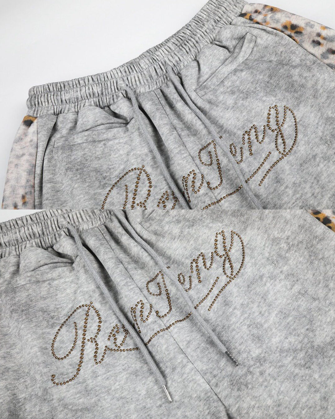 VINTAGE DIRTY-WASH LEOPARD PANEL BEADED JOGGERS - GREY