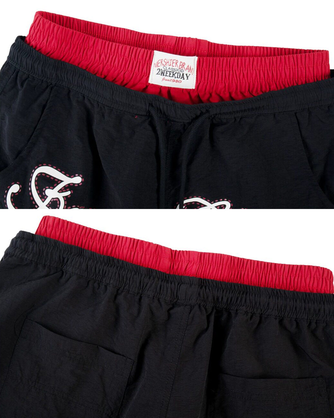 DOUBLE-WAISTBAND LETTER PRINT PARACHUTE PANTS - BLACK