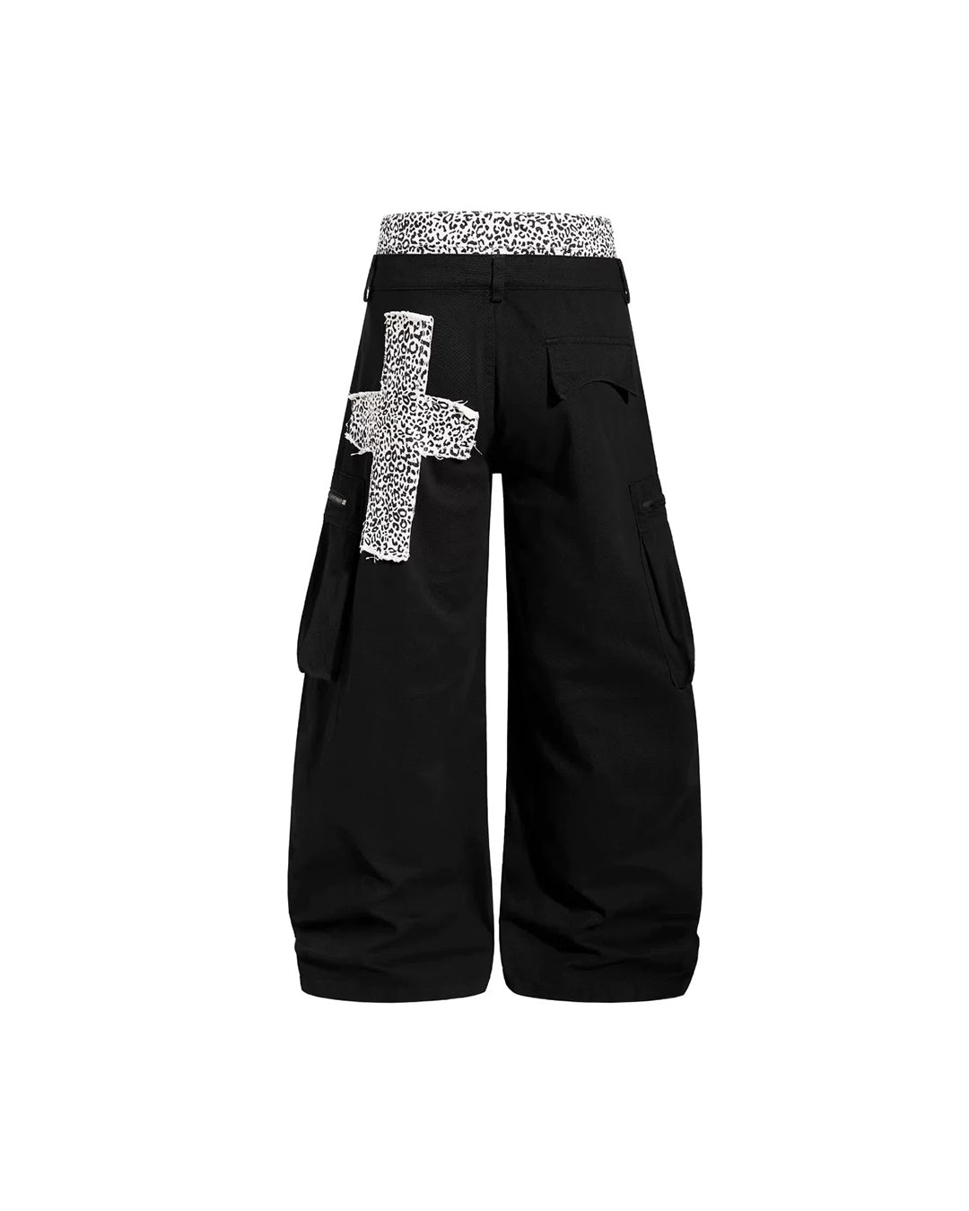 LEOPARD DOUBLE WAISTBAND PATCHWORK CARGO PANTS - BLACK