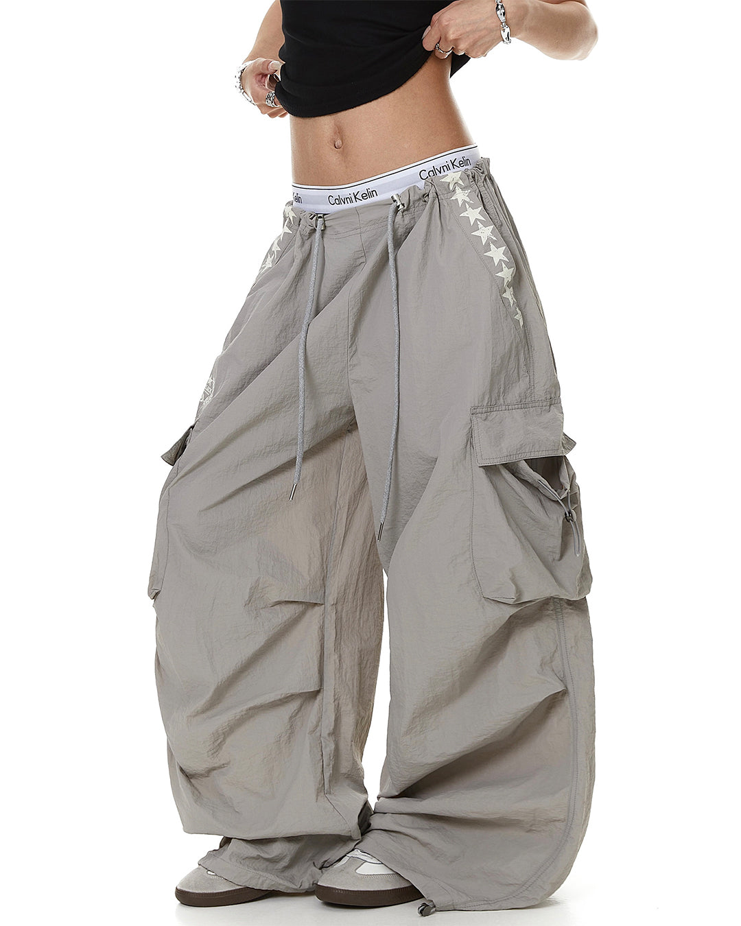 STAR PRINT PLEATED QUICK-DRY CARGO PANTS - GREY
