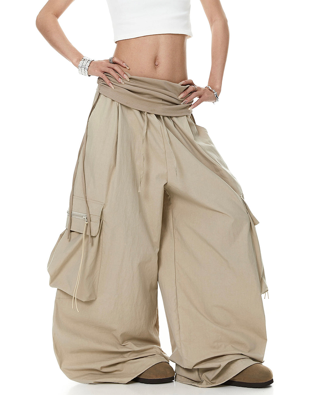 FOLD-OVER WAIST RUCHED PARACHUTE PANTS - KHAKI