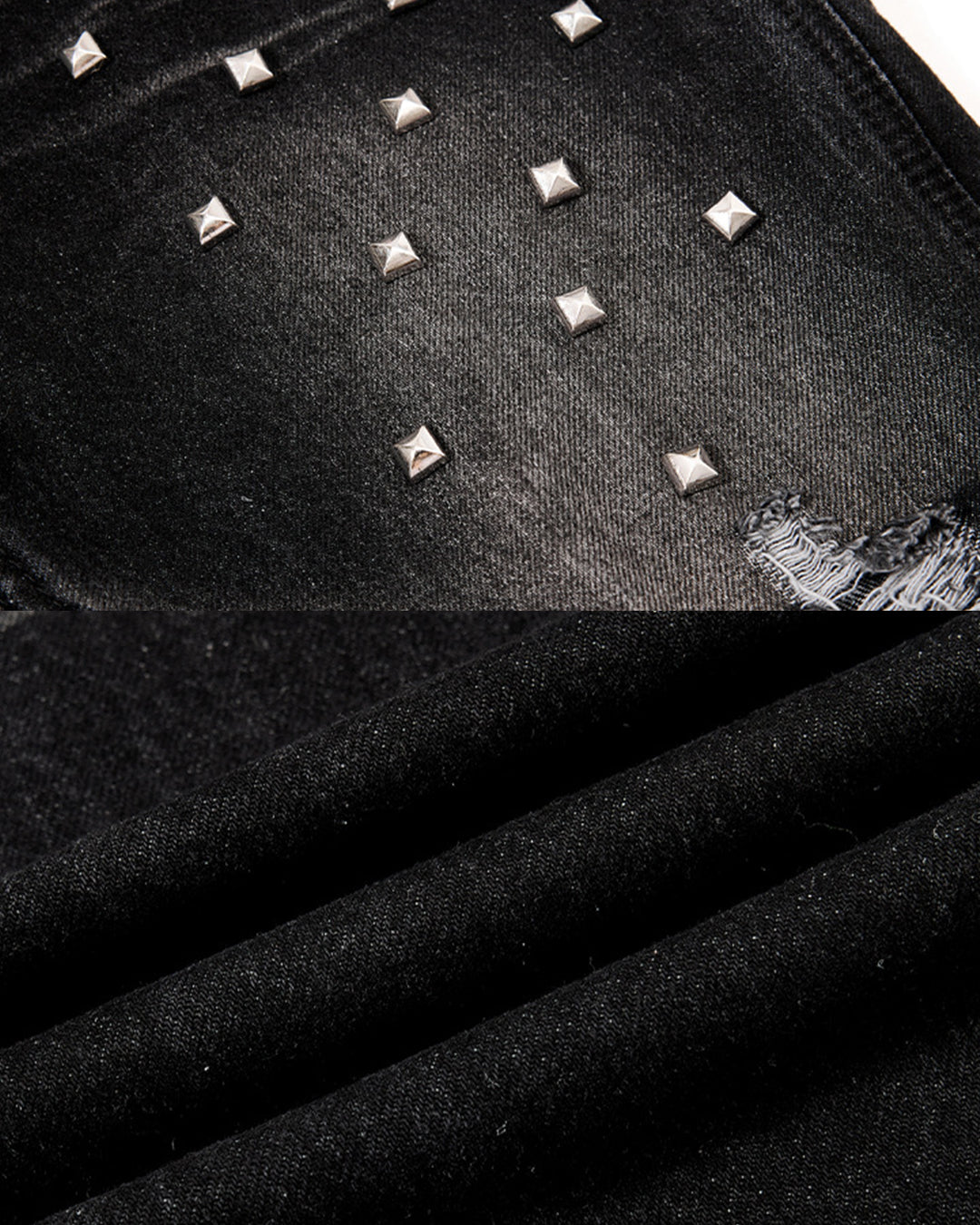 GOTHIC RIVET-STUDDED DISTRESSED FLARE JEANS - BLACK