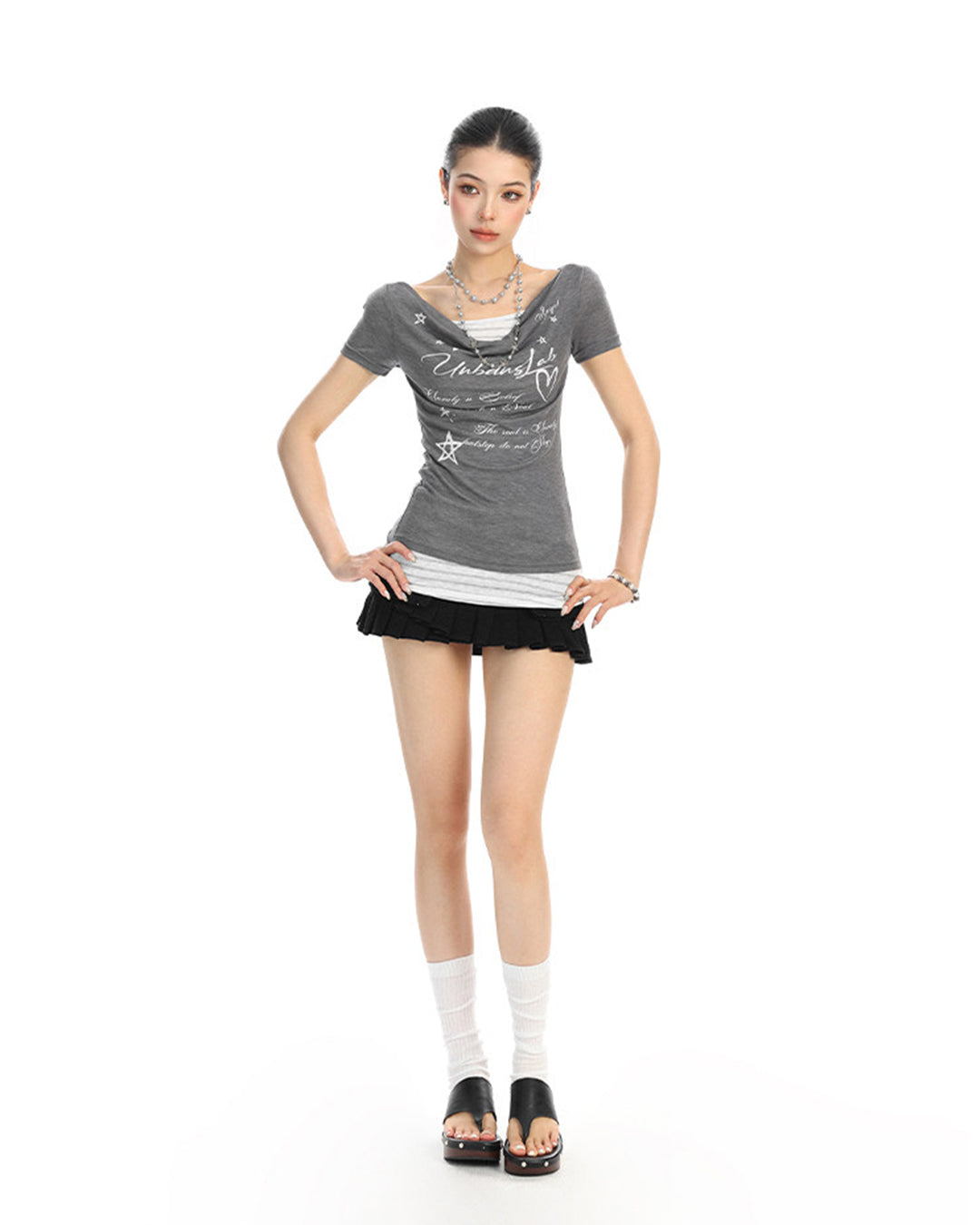 GRAPHIC LETTER LAYERED-LOOK DRAPED T-SHIRTS - GREY