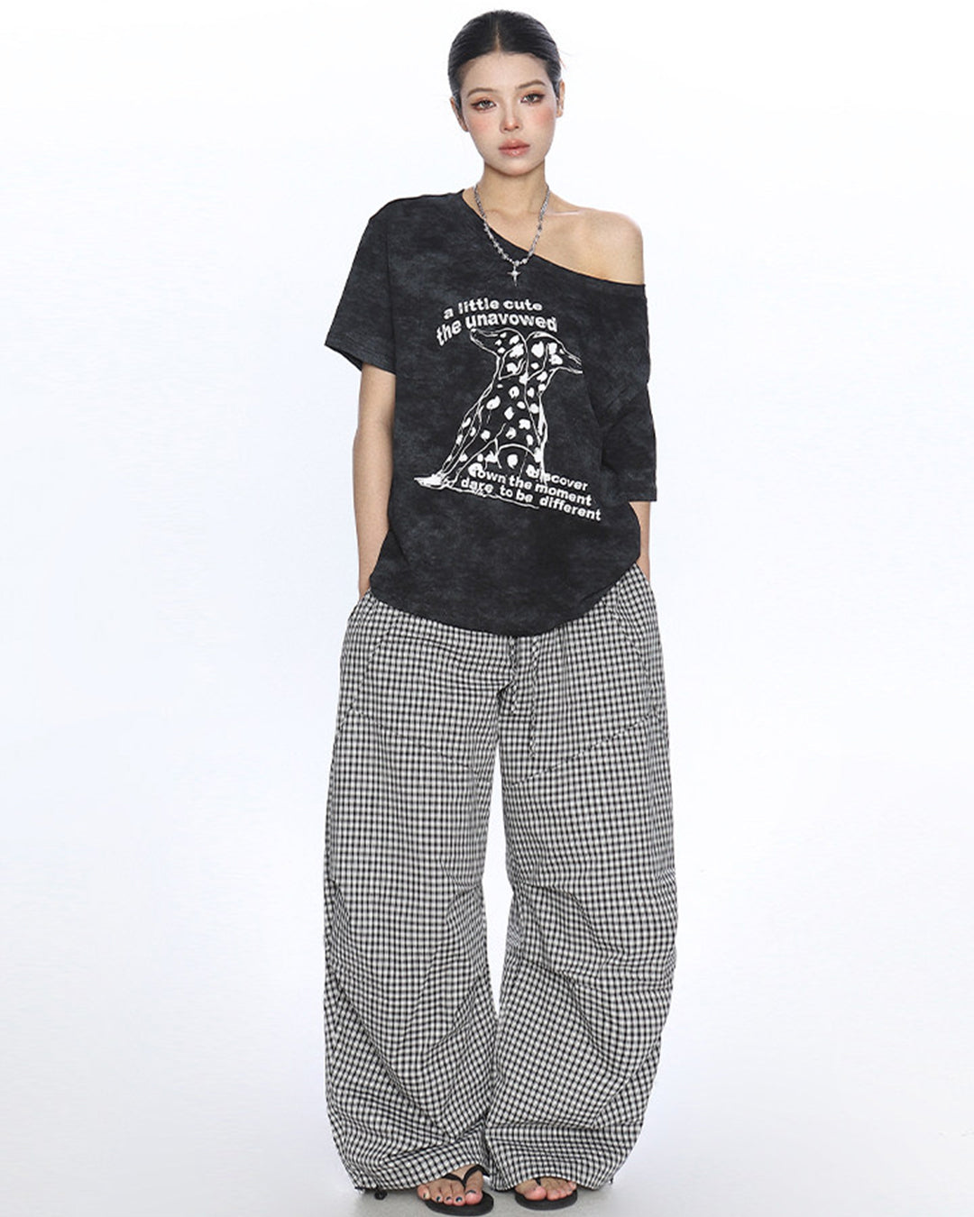 DALMATIAN PRINT ASYMMETRIC SHOULDER T-SHIRTS - BLACK