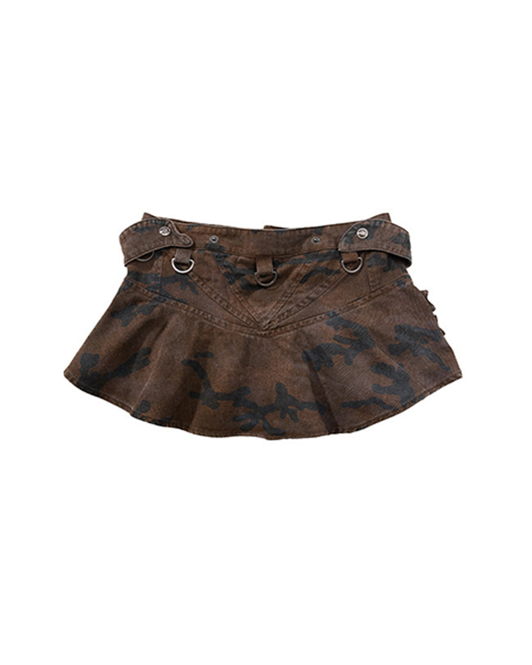 CAMO WASHED DISTRESSED RUFFLE MINI SKIRTS - BROWN