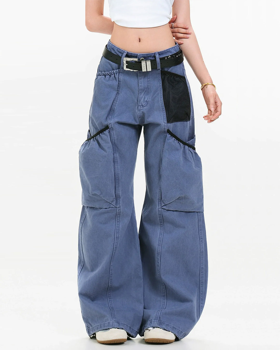 MESH BAG PATCHWORK MULTI-POCKET CARGO PANTS - BLUE