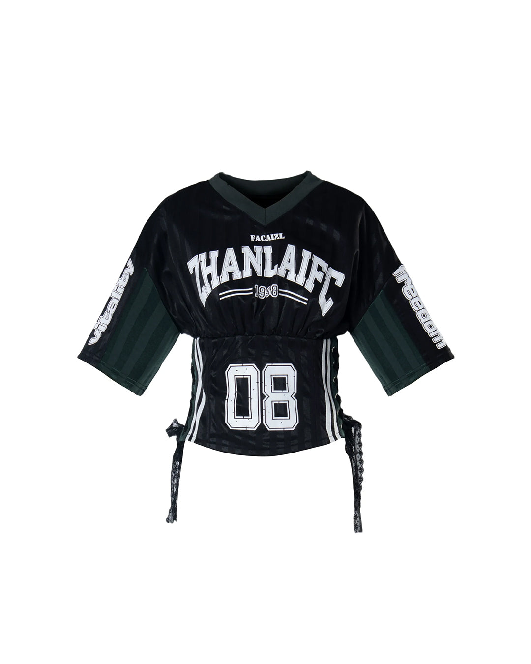 CONTRAST LACE-UP CROPPED JERSEY T-SHIRTS - BLACK