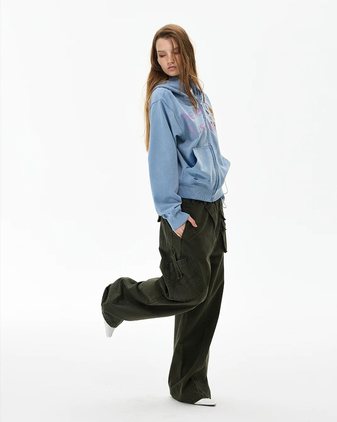 BADGE DISTRESSED WASHED HOODIES - BLUE