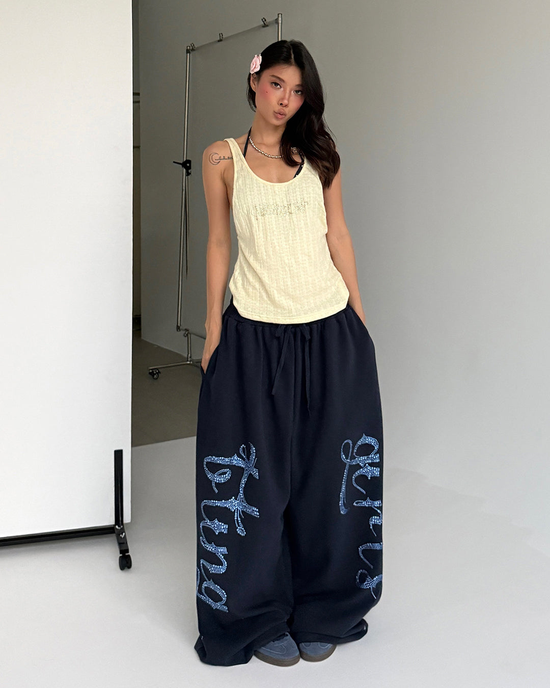 RHINESTONE LETTER TRAINING SWEATPANTS - NAVY BLUE