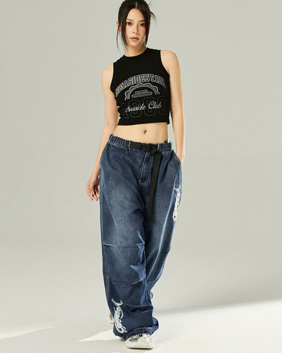 PATCH POCKET DENIM PARACHUTE PANTS - DEEP BLUE