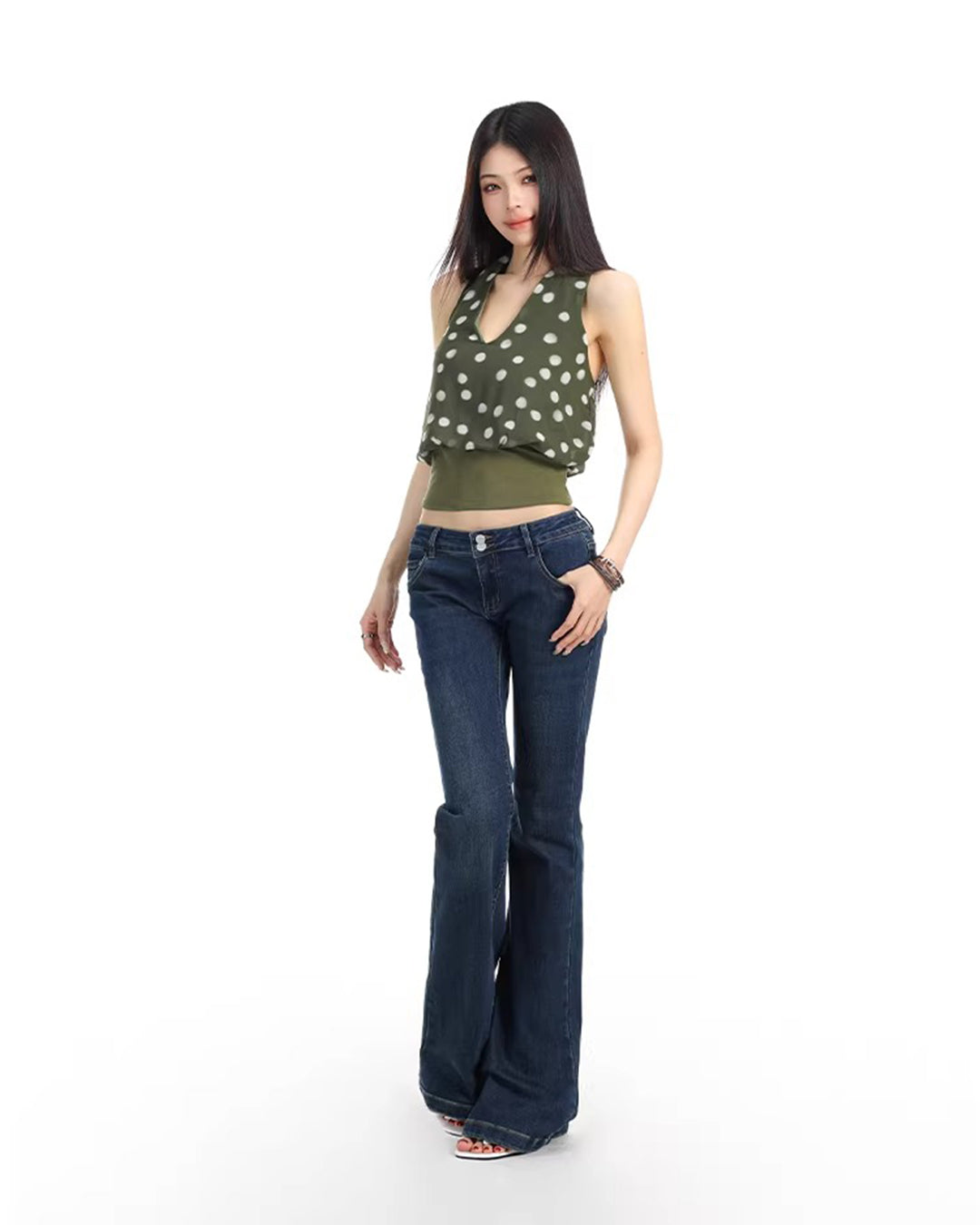 CONTRAST POLKA DOT HALTER TOPS - GREEN