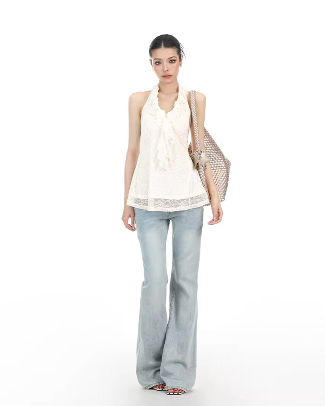 LACE RUFFLE HALTER TANK TOPS - WHITE