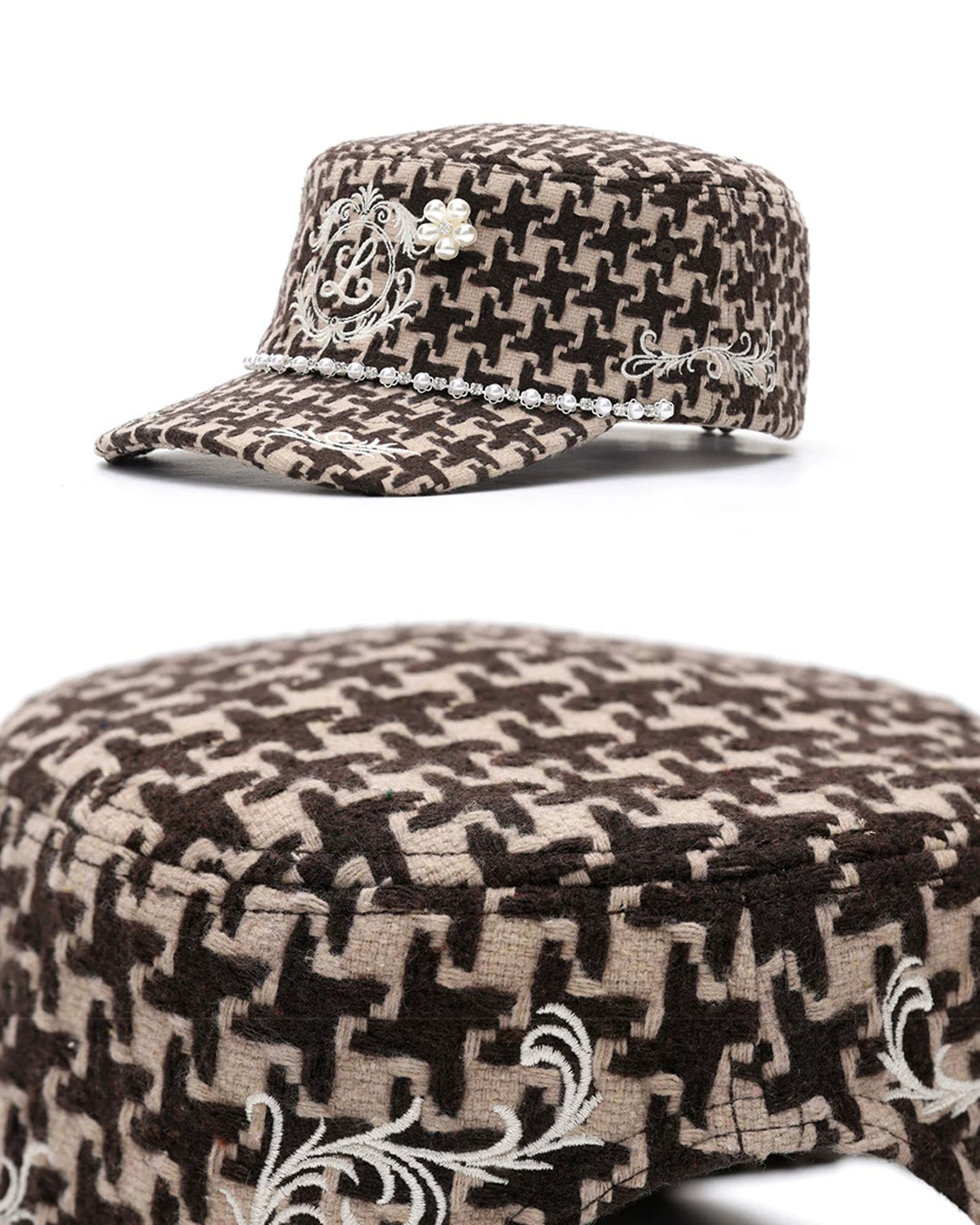 RETRO PEARL &amp; DIAMOND EMBROIDERED FLAT BRIM CAPS - BROWN