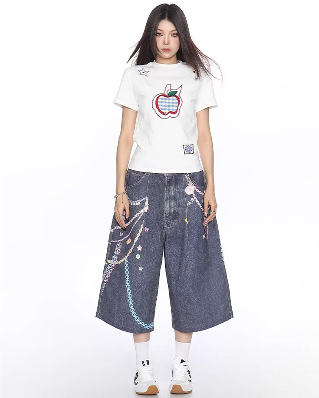 APPLE EMBROIDERED STRUCTURED SHOULDER T-SHIRTS - WHITE