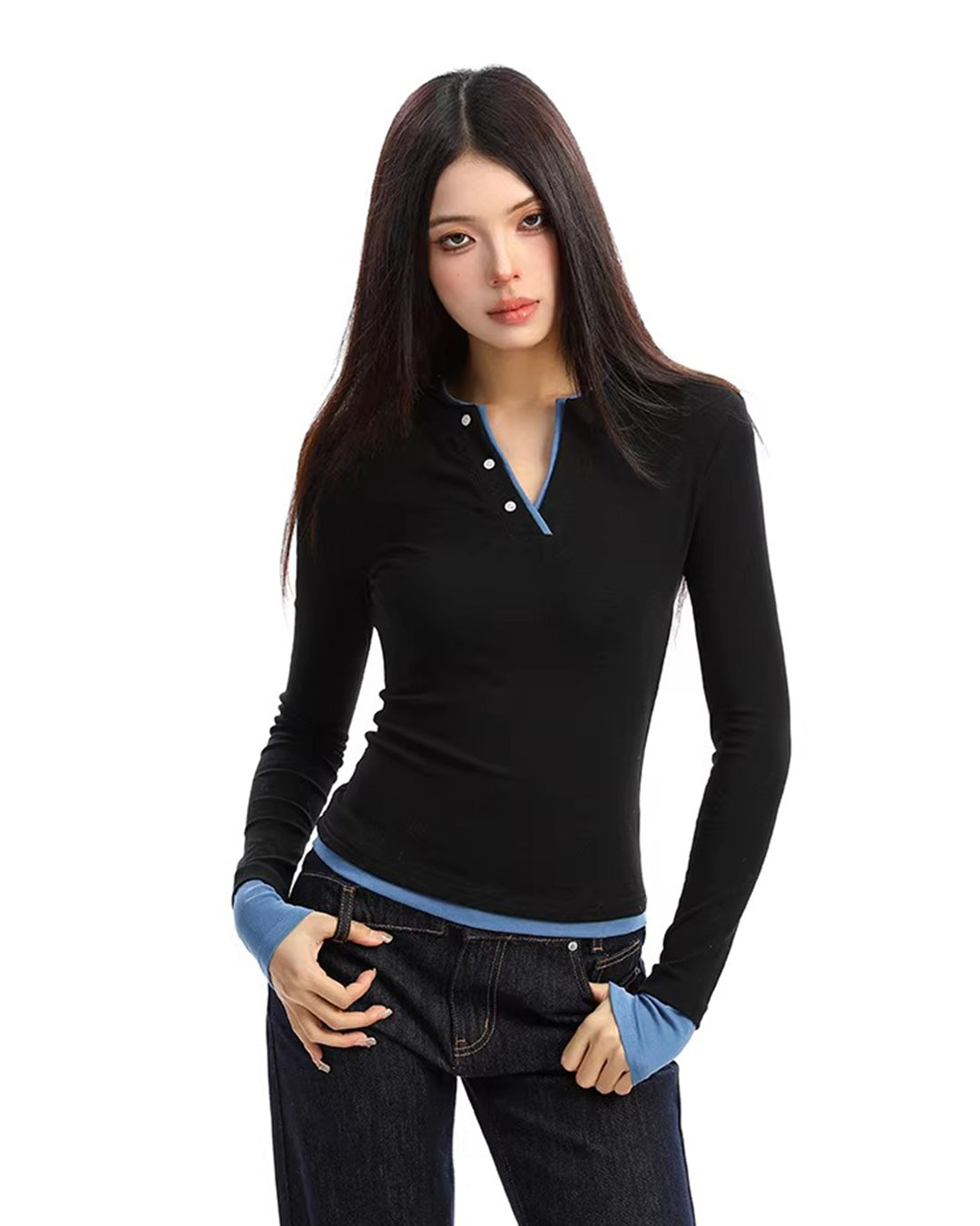 FAUX TWO-PIECE HENLEY V-NECK TOPS - BLACK