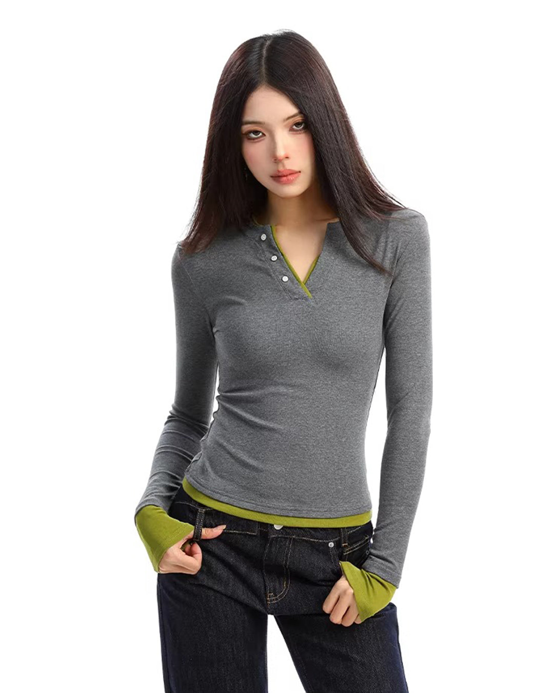 FAUX TWO-PIECE HENLEY V-NECK TOPS - GREY