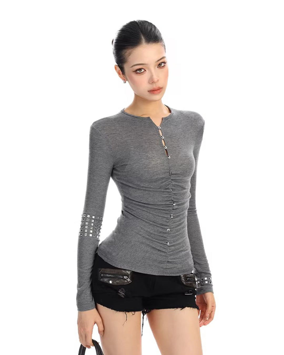 RHINESTONE BUTTON SLIM-FIT TOPS - GREY