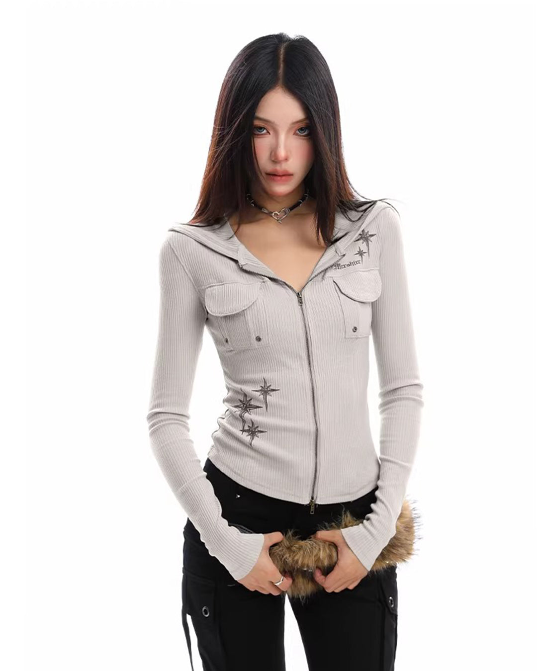 FITTED RIBBED ZIP HOODED TOPS - LIGHT GREY