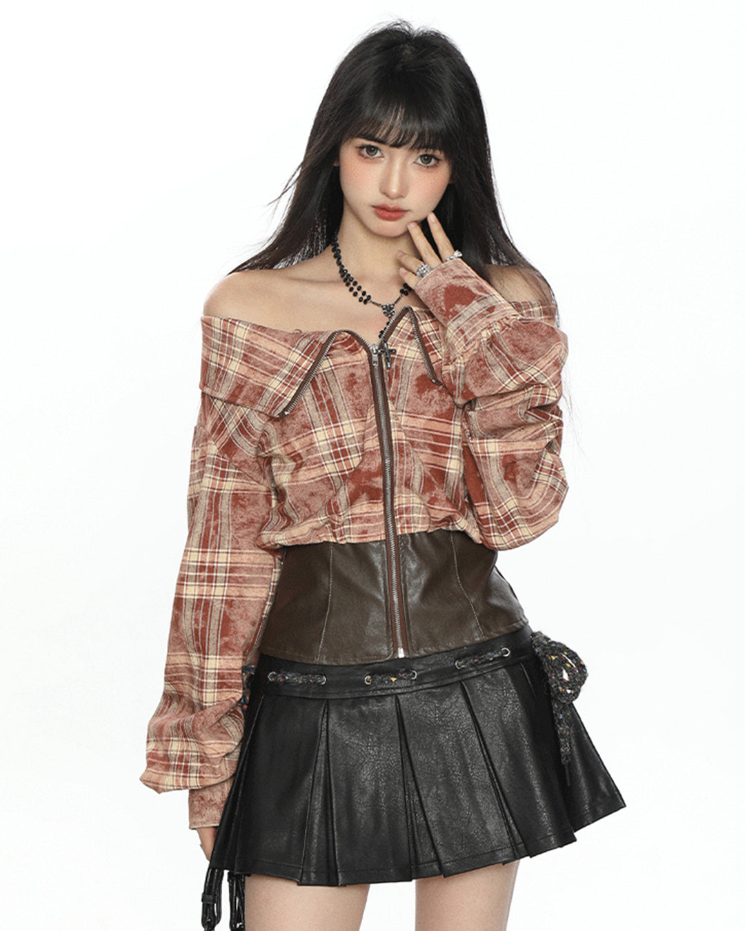 PLAID PATCHWORK LEATHER OFF-SHOULDER SHIRTS